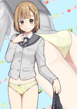 Rule 34 | 1girl, absurdres, ass, blue background, blunt ends, blush, bow, bow panties, breasts, brown eyes, brown hair, buttons, closed mouth, collared shirt, commentary request, commission, cowboy shot, crotch seam, dress shirt, embarrassed, food-themed hair ornament, food print, fruit background, fruit print, grey jacket, grey ribbon, grey sailor collar, grey skirt, hair ornament, hand up, highres, holding, holding unworn clothes, holding unworn skirt, jacket, large variant set, long sleeves, looking at viewer, medium hair, multiple views, neck ribbon, negimiso1989, no pants, original, panties, pear hair ornament, pear panties, pear print, pixiv commission, pleated skirt, raised inner eyebrows, ribbon, sailor collar, school uniform, serafuku, shirt, skirt, small breasts, sparkle print, standing, underwear, unworn skirt, variant set, white bow, white shirt, yellow panties, zoom layer