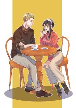 1boy 1girl black_hair black_shoes blonde_hair blush border bow bowtie breasts brown_shoes brown_sweater chain closed_eyes collared_shirt couple crossed_arms cup full_body grey_pants grey_shirt hetero highres holding holding_cup leaning_to_the_side light_smile long_hair looking_at_another medium_breasts open_mouth pants pillarboxed pink_bow pink_bowtie red_shirt saucer shirt shirt_under_sweater shoes short_hair sidelocks sitting sleeves_rolled_up smile spy_x_family sweater table teacup twilight_(spy_x_family) umini_ikukara updo white_border yellow_background yor_briar