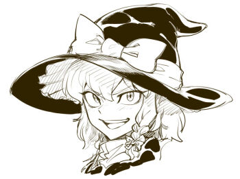 1girl braid greyscale hat hat_ribbon kirisame_marisa medium_hair monochrome open_mouth portrait ribbon sketch spacezin touhou witch_hat
