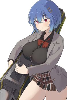1girl amagi_sealing_congregation_school_uniform amane_(senran_kagura) black_shirt blue_hair bow bowtie breasts button_gap closed_mouth commentary grey_jacket gun hair_ornament hairpin highres holding holding_gun holding_weapon huge_weapon jacket large_breasts leaning_forward light_frown looking_at_viewer loose_bowtie multiple_hairpins plaid_clothes plaid_skirt red_bow red_bowtie red_eyes school_uniform senran_kagura senran_kagura_new_link shirt short_hair simple_background skirt solo weapon white_background yoniki