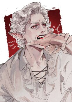 1boy 1other astarion baldur's_gate baldur's_gate_3 biting biting_another's_hand blood blood_on_hand blood_on_mouth commentary curly_hair dungeons_&amp;_dragons eliza_fox english_commentary fangs highres holding_another's_wrist lace-up_top looking_at_another male_focus outline pectoral_cleavage pectorals pointy_ears pov pov_hands red_eyes shirt short_hair simple_background solo_focus upper_body vampire white_background white_hair white_outline white_shirt