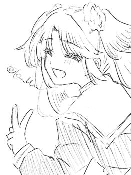 1girl :d blush fang flower from_behind greyscale hair_flower hair_ornament hasu_no_sora_school_uniform highres komame_(km_11n) link!_like!_love_live! long_sleeves love_live! monochrome neckerchief open_mouth osawa_rurino sailor_collar school_uniform signature simple_background smile solo twintails upper_body v virtual_youtuber white_background winter_uniform