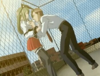 Rule 34 | 00s, 1boy, 1girl, 2005, animal ears, animated, animated gif, bag, bible black, bible black only, biting, bouncing breasts, breasts, breasts squeezed together, closed eyes, dress, fake ears, fence, grabbing another's breast, green hair, groping, ito mika, large breasts, long hair, lowres, necktie, nipple biting, nipple stimulation, open clothes, outdoors, clothes pull, rabbit ears, red dress, red skirt, school, school bag, school uniform, shoes, skirt, nipple tweak, sunset, tagme, thighhighs, zettai ryouiki