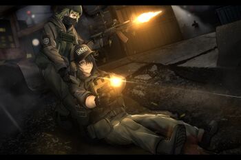 Rule 34 | 2girls, 2others, absurdres, aks-74u, ammunition pouch, angled foregrip, assault rifle, ayou (aukuamani), bags under eyes, balaclava, baseball cap, belt pouch, black boots, black gloves, black hat, black mask, boots, briefcase, brown gloves, brown pants, building, bulletproof vest, clenched teeth, combat helmet, commentary, dock, dragging, ear protection, english commentary, eotech, escape from tarkov, firing, glock, gloves, green eyes, gun, hair over one eye, handgun, hat, helmet, highres, holding, holding briefcase, holding gun, holding weapon, hood, hooded jacket, jacket, jersey barrier, kalashnikov rifle, load bearing vest, long sleeves, magazine (weapon), military operator, multiple girls, multiple others, muzzle flash, night, optical sight, original, pants, pouch, pulling, rifle, shell casing, shipping container, short hair, silhouette, tactical clothes, teeth, unit patch, weapon