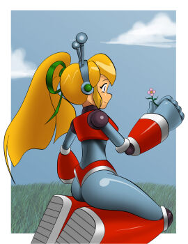 aged_up antennae armor armored_boots armored_gloves ass ass_focus atomictiki bad_anatomy bad_hands bikini_armor blonde_hair blue_sky boots breasts cloud earphones flower grass green_eyes green_ribbon hair_ribbon hairband highres holding holding_flower hyper_roll_(marvel_vs._capcom) joints large_breasts long_hair looking_at_object marvel_vs._capcom meadow mechanical_arms mechanical_legs mega_man_(series) on_grass ponytail radio_antenna red_armor ribbon robot robot_girl robot_joints roll_(mega_man) shoulder_armor sidelocks single_mechanical_arm sky smile
