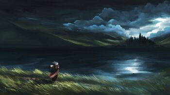 1boy backpack bag black_pants body_fur brown_cloak cloak cloud day facing_away forest from_behind full_body furry furry_male grass grey_sky hand_up lake long_sleeves nature original outdoors pants path rabbit_boy rabbit_ears road scenery sky solo standing tomtc white_fur wide_shot