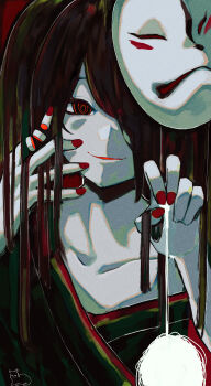 1girl absurdres alternate_costume alternate_eye_color alternate_hair_color black_eyes black_hair black_kimono close-up collarbone fox_mask hair_over_one_eye hand_on_own_cheek hand_on_own_face hands_in_own_hair hands_up hatsune_miku highres holding holding_string japanese_clothes kimono kobacha_(ochakoba) long_hair looking_at_viewer mask mask_on_head multicolored_eyes musunde_hiraite_rasetsu_to_mukuro_(vocaloid) pale_skin parted_lips red_background red_eyes red_nails right-over-left_kimono ringed_eyes severed_finger smirk solo string vocaloid