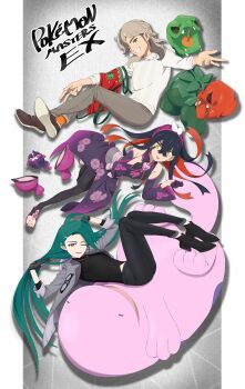 1boy 2girls :p ;d absurdres alternate_color apron arven_(holiday_2025)_(pokemon) arven_(pokemon) bare_shoulders black_gloves black_hair black_pants black_pantyhose black_shirt black_shoes blue_eyes brown_hair brown_pants brown_shoes carmine_(pokemon) carmine_(sygna_suit)_(pokemon) closed_mouth colored_inner_hair commentary crossed_bangs detached_sleeves ear_piercing eyelid_pull floral_print floral_print_kimono full_body gen_2_pokemon gloves green_hair grey_hair hair_between_eyes hairband high_heels highres holding_apron jacket japanese_clothes jewelry kimono long_hair long_sleeves looking_at_viewer medium_hair mole mole_under_eye multicolored_hair multiple_girls necklace nintendo official_alternate_costume one_eye_closed open_clothes open_jacket open_mouth pants pantyhose pecharunt piercing pokemon pokemon_(creature) pokemon_masters_ex print_kimono purple_gloves purple_hairband quagsire red_eyes red_hair rika_(palentine's_2026)_(pokemon) rika_(pokemon) sandals scovillain shiny_pokemon shirt shoes smile sweater untranslatable_commentary tli_eilt_pk toes tongue tongue_out two-tone_hair unworn_eyewear very_long_hair white_sweater yellow_eyes