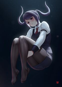1girl blush breasts feet finalcake hands_under_legs hashtag-only_commentary holding_own_leg hugging_own_legs jill_stingray knees_to_chest knees_up legs_up long_hair long_sleeves looking_at_viewer necktie own_hands_together pantyhose purple_hair red_eyes shirt sitting skirt solo thighhighs twintails va-11_hall-a vest white_shirt