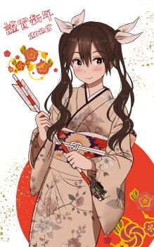 Rule 34 | 1girl, 2026, absurdres, arrow (projectile), brown eyes, brown hair, brown kimono, commentary, english commentary, floral print, hair between eyes, hamaya, hieda (hiedanoaqn), highres, holding, holding arrow, japanese clothes, kantai collection, kimono, long hair, new year, obi, sash, solo, tone (kancolle), twintails