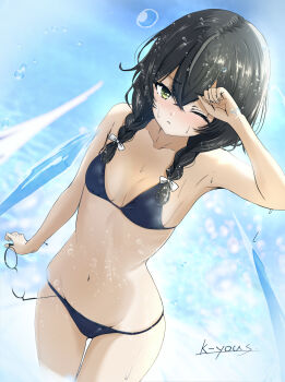 1girl arm_at_side artist_name bikini black-framed_eyewear black_bikini black_hair bow braid braided_twintails breasts closed_mouth commentary_request double-parted_bangs from_above glasses green_eyes hair_between_eyes hair_bow hair_over_shoulder hanakuma_chifuyu hand_up highres holding holding_removed_eyewear k-yous long_hair looking_at_viewer looking_up medium_breasts navel ocean one_eye_closed round_eyewear signature solo stomach swimsuit synthesizer_v unworn_eyewear variant_set wading water white_bow