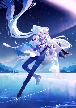 1boy 1girl absurdly_long_hair absurdres aurora backless_dress backless_outfit bare_shoulders black_shoes blue_dress blue_eyes blue_hair blue_pants blue_shirt carrying carrying_person dress floating_hair furina_(genshin_impact) genshin_impact gloves highres ice ice_skates ice_skating long_hair long_sleeves looking_at_another low_twintails mountainous_horizon multicolored_dress multicolored_hair neuvillette_(genshin_impact) night pants shirt shoes skates skating sky star_(sky) starry_sky twintails very_long_hair white_dress white_gloves white_hair yoruake
