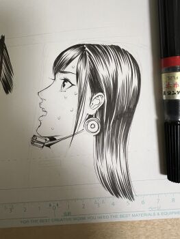 Rule 34 | 1girl, black hair, from side, gantz, gantz suit, highres, lips, long hair, monochrome, oku hiroya, open mouth, parted lips, profile, shimohira reika, solo, sweat, sweatdrop, teeth