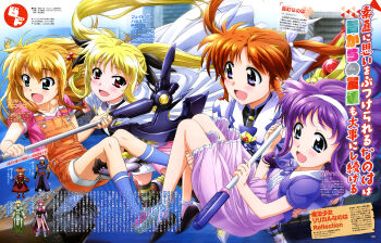 Rule 34 | 1boy, 6+girls, :d, absurdres, animal ears, arakaki issei, arisa bunnings, armor, bardiche (bullova form) (nanoha), bardiche (nanoha), belt, black gloves, black legwear, blonde hair, blue eyes, blue legwear, blush, boots, borrowed weapon, breasts, brown hair, building, cape, collarbone, dark skin, dress, elbow gloves, fate testarossa, fate testarossa (blaze form ii), faulds, fingerless gloves, flying, frilled dress, frilled legwear, frills, gauntlets, gloves, hair bobbles, hair ornament, hair ribbon, highres, jacket, jewelry, large breasts, long hair, lyrical nanoha, magazine scan, mahou shoujo lyrical nanoha, mahou shoujo lyrical nanoha the movie 3rd: reflection, multiple girls, official art, open mouth, overalls, pink hair, ponytail, puffy sleeves, purple dress, purple eyes, purple hair, raising heart, raising heart (accel mode) (2nd), red eyes, ribbon, ring, scan, scythe, shamal, short sleeves, sidelocks, signum, skirt, smile, socks, staff, takamachi nanoha, takamachi nanoha (exelion mode modified), text focus, thighhighs, tsukimura suzuka, twintails, vita (nanoha), white cape, wide sleeves, zafira