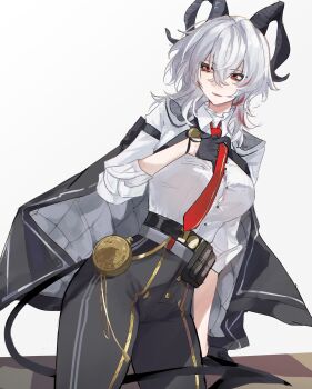 1girl absurdres black_horns black_jacket black_pants black_tail breasts button_gap chest_harness closed_mouth clothes_grab collared_shirt curled_horns demon_tail grey_hair hair_between_eyes harness highres horns inishie_no_tanaka jacket jacket_on_shoulders large_breasts long_hair multicolored_hair necktie necktie_grab neckwear_grab pants red_eyes red_necktie shirt shirt_tucked_in solo streaked_hair tail white_shirt wuthering_waves zani_(wuthering_waves)