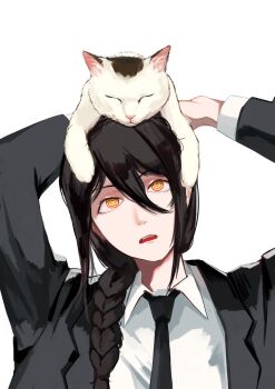 1girl 3333iyasy absurdres animal animal_on_head black_coat black_hair black_necktie braid braided_ponytail cat chainsaw_man coat collared_coat commentary_request hair_between_eyes highres holding holding_animal holding_cat long_hair long_sleeves meowy_(chainsaw_man) nayuta_(chainsaw_man) necktie on_head open_mouth pet ringed_eyes shirt sidelocks simple_background solo white_background white_cat white_shirt yellow_eyes