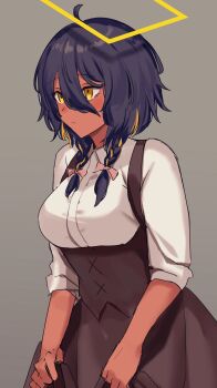 1girl absurdres agame-san_(agamemega) agamemega ahoge blonde_streaks blue_hair blush bow braid breasts brown_skirt clothes_lift collared_shirt commentary_request gradient_background grey_background hair_between_eyes hair_bow halo highres large_breasts multicolored_hair original rectangular_halo shirt short_hair simple_background skirt skirt_lift sleeves_rolled_up streaked_hair twin_braids white_shirt yellow_eyes