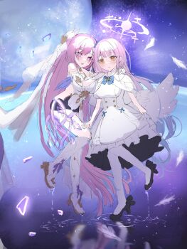 2girls absurdres angel_wings bare_shoulders black_shorts blue_archive boots breasts color_connection commentary_request corset diamond-shaped_pupils diamond_(shape) dress elysia_(herrscher_of_human:_ego)_(honkai_impact) elysia_(honkai_impact) falling_feathers feathers full_moon hair_color_connection halo highres honkai_(series) honkai_impact_3rd large_breasts long_hair lopolopo_sub mika_(blue_archive) moon multiple_girls pantyhose pink_hair pink_halo purple_eyes reflection reflective_liquid short_shorts shorts sky star_(sky) starry_sky symbol-shaped_pupils veil very_long_hair wading water white_boots white_corset white_dress white_pantyhose white_veil wings yellow_eyes