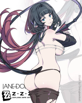 Rule 34 | 1girl, absurdres, animal ears, aqua eyes, ass, back, bare shoulders, black hair, black panties, black pantyhose, bra, breasts, candy, character name, clothes pull, copyright name, food, food in mouth, from behind, highres, jane doe (zenless zone zero), large breasts, lollipop, long hair, looking at viewer, mouse ears, mouse girl, mouse tail, multicolored hair, orange sekaii, panties, pantyhose, pantyhose pull, red hair, sideboob, solo, tail, thong, torn clothes, torn pantyhose, two-tone hair, underwear, undressing, white background, white bra, zenless zone zero, zoom layer