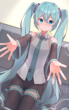 1girl aqua_eyes aqua_hair aqua_nails aqua_trim bare_shoulders black_boots black_skirt black_sleeves black_thighhighs blush boots breasts closed_mouth collarbone collared_shirt commentary_request detached_sleeves dot_nose foot_out_of_frame frilled_shirt frills grey_shirt hair_between_eyes hair_ornament hatsune_miku highres long_hair long_sleeves looking_at_viewer medium_breasts miniskirt pleated_skirt reaching reaching_towards_viewer shirt sitting skirt sleeveless sleeveless_shirt smile solo soyose tearing_up tears thigh_boots thighhighs thighs twintails very_long_hair vocaloid white_shirt