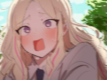1girl blonde_hair blurry blush commentary_request dress_shirt gakuen_idolmaster idolmaster juo_sena kasasagi_(futagodori888) long_hair looking_ahead multicolored_hair necktie outdoors pink_hair purple_eyes rectangular_mouth shirt solo streaked_hair two-tone_hair upper_body very_long_hair