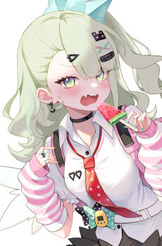 1girl absurdres aqua_nails arm_warmers asymmetrical_bangs bandaid bandaid_hair_ornament black_bow black_choker blush bow bowl breast_pocket chinatsu_remiel choker collared_shirt earrings embarrassed fang fingernails food green_bow green_eyes green_hair hair_ornament hands_up heart heart_hair_ornament highres holding holding_food holding_popsicle jewelry long_hair looking_at_viewer loose_necktie minj_kim musical_note_earrings nail_polish necktie open_mouth pet_bowl pocket polka_dot polka_dot_bow popsicle print_necktie red_necktie ring school_uniform shirt simple_background skin_fang solo star_(symbol) star_print sweatdrop unfinished upper_body wavy_mouth white_background white_shirt wing_collar x_hair_ornament zenless_zone_zero