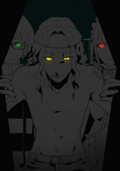 Rule 34 | 1girl, 2boys, belt, black border, border, closed mouth, coffin, commentary request, expressionless, facial hair, film grain, glowing, glowing eyes, green eyes, long hair, looking at viewer, multiple boys, outside border, persona, persona 3, pov, red eyes, sakaki takaya, shirato jin, smile, spot color, straight-on, stubble, sunorsa, topless male, upper body, yellow eyes, yoshino chidori