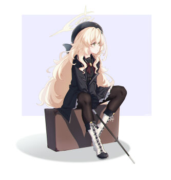 1girl absurdres akazaki_emu beret black_coat black_gloves black_hat black_pantyhose black_sailor_collar blonde_hair blue_archive boots bow bowtie briefcase cane coat commentary_request expressionless fluffy_hair gloves green_eyes halo hat highres holding holding_cane knee_boots long_hair looking_afar open_clothes open_coat pantyhose professor_niyaniya_(blue_archive) red_bow red_bowtie sailor_collar simple_background sitting sitting_on_object solo white_background white_boots yellow_halo