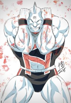 Rule 34 | 1boy, 2025, biceps, border, clenched hands, dated, grin, highres, kinniku suguru, kinnikuman, kinnikuman (character), large pectorals, looking at viewer, manly, marufuji hirotaka, mask, monochrome, muscular, pectorals, retro artstyle, serious, smile, solo, standing, wrestling, wrestling mask, wrestling outfit