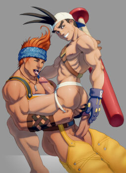 Rule 34 | 00s, 2boys, ass, ass grab, bara, baseball bat, brown hair, crossover, cum, cum in mouth, ejaculation, erection, final fantasy, final fantasy x, hat, justice gakuen, male focus, multiple boys, muscular, open mouth, orange hair, penis, pubic hair, sawamura shoma, short hair, size difference, smile, wakka, yaoi