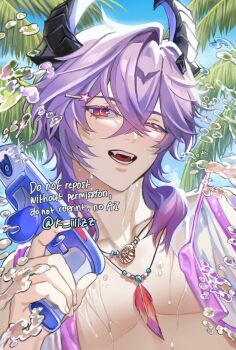 1boy dragon_horns fangs feathers genshin_impact hair_ornament hairclip holding holding_water_gun horns jacket jewelry long_hair male_focus mini_durin_(genshin_impact) mini_durin_(human)_(genshin_impact) necklace one_eye_closed open_clothes open_jacket open_mouth purple_hair red_eyes solo water_gun white_jacket zaire