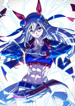 1girl abs absurdres animal_ears belt blue_eyes blue_hairband blue_jacket breasts collarbone commentary cowboy_shot cracking_knuckles ear_covers electricity fingerless_gloves gloves grey_hair grey_tail groin hair_between_eyes hairband headband highres horse_ears horse_girl horse_tail jacket lightning lightning_bolt_print lightning_bolt_symbol long_hair long_sleeves looking_at_viewer midriff navel pants parted_lips red_belt red_headband senchan_7 sidelocks small_breasts solo standing symbol-only_commentary tail tamamo_cross_(umamusume) tamamo_cross_(with_lightning_speed)_(umamusume) umamusume umamusume:_cinderella_gray very_long_hair white_pants