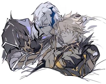2boys bed_sheet blonde_hair closed_eyes closed_mouth colored_skin commentary cracked_skin dual_persona flame_reaver_of_the_deepest_dark grey_hair gyulseu hair_between_eyes head_tilt highres honkai:_star_rail honkai_(series) hood hood_down looking_down lying multicolored_skin multiple_boys official_alternate_costume on_back parted_lips phainon_(honkai:_star_rail) phainon_(khaslana)_(honkai:_star_rail) pillow shade short_hair sleeping spiked_hair symbol-only_commentary two-tone_skin white_background