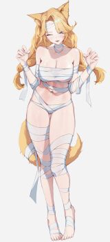 1girl absurdres animal_ears bandages blonde_hair blue_eyes braid breasts chest_sarashi claw_pose cleavage collarbone commentary commission english_commentary feet full_body hands_up highres large_breasts long_hair looking_at_viewer mummy_costume naked_bandage navel one_eye_closed open_mouth original parted_bangs parted_hair sarashi simple_background smile solo tail toes twin_braids twintails white_background yoellim5