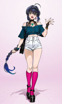 1boy :d ahoge black_hair blue_hair blue_shirt bridal_gauntlets brown_eyes collarbone earrings fate/grand_order fate_(series) floating_hair full_body gradient_hair grey_background gt_(inesperados2013) hair_between_eyes hair_intakes heart heart_earrings high-waist_shorts highres jewelry kneehighs long_hair midriff multicolored_hair off-shoulder_shirt off_shoulder open_mouth red_socks shirt short_shorts short_sleeves shorts smile socks solo standing stomach trap very_long_hair white_shorts yamato_takeru_(fate)