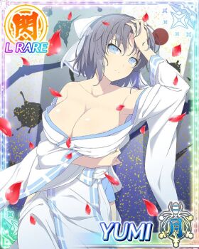 Rule 34 | 1girl, against wall, arm under breasts, blue eyes, border, bow, breasts, card (medium), character name, cleavage, closed mouth, falling petals, frown, game cg, grey hair, hair bow, hand in own hair, hand on own head, japanese clothes, kimono, large breasts, looking at viewer, low neckline, medium hair, no bra, official art, petals, red petals, ribbon-trimmed kimono, ribbon trim, senran kagura, senran kagura new wave, solo, striped bow, third-party source, white bow, white kimono, yumi (senran kagura)