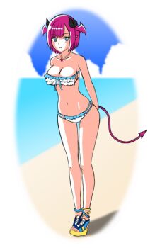 1girl black_horns breasts cleavage closed_mouth demon_tail demon_wings full_body head_wings highres horns je laevonia_rose looking_at_viewer navel pink_hair short_hair solo star_ocean star_ocean:_anamnesis swimsuit tail wings