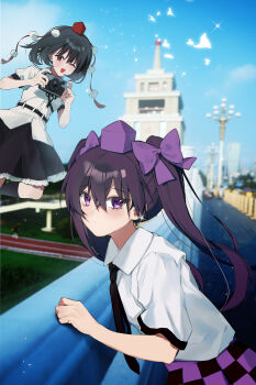 2girls absurdres black_hair black_necktie black_skirt blue_sky bow brown_hair camera checkered_clothes checkered_skirt china closed_mouth collared_shirt commentary_request expressionless feet_out_of_frame hair_between_eyes hair_bow hat highres himekaidou_hatate holding holding_camera iwakoo long_hair looking_at_viewer multiple_girls necktie one_eye_closed open_mouth outdoors pointy_ears pom_pom_(clothes) purple_bow purple_eyes purple_hat purple_skirt real_world_location red_eyes red_hat shameimaru_aya shirt short_sleeves skirt sky smile taiyuan tokin_hat touhou twintails white_shirt