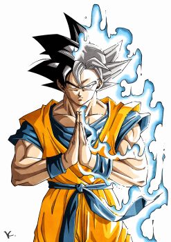 aura belt black_hair blue_belt blue_shirt commentary_request dougi dragon_ball dragon_ball_super grey_eyes grey_hair highres kakeru_(dbskakeru) looking_at_viewer multicolored_hair muscular muscular_male one_eye_closed orange_dougi own_hands_together shirt short_sleeves simple_background son_goku spiked_hair ultra_instinct upper_body white_background