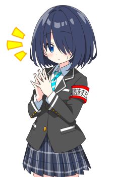 1girl armband black_jacket blazer blue_eyes blue_hair blue_necktie blue_skirt blush closed_mouth collared_shirt commentary_request cowboy_shot dot_nose hair_over_one_eye hands_up highres jacket kotatsu-mazoku lapels long_sleeves looking_at_viewer necktie notice_lines original own_hands_together plaid_clothes plaid_skirt pleated_skirt school_uniform shirt short_hair simple_background skirt solo striped_necktie sweatdrop white_background white_shirt