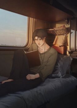 1boy barefoot bed black_hair black_pants book collarbone contemporary hashtag-only_commentary headphones highres indoors lan_vasko levi_(shingeki_no_kyojin) long_sleeves male_focus open_book pants parted_hair pillow reading shingeki_no_kyojin sitting solo sweater window