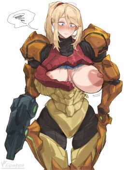 1girl alternate_breast_size_(larger) annoyed areola_slip arm_at_side arm_cannon armor blonde_hair blue_bodysuit blue_eyes bodysuit breastplate breasts broken_armor closed_mouth commentary_request curvy hair_between_eyes hand_on_own_hip high_ponytail highres huge_breasts huge_nipples iparupua long_hair looking_down metroid mole mole_under_mouth nintendo no_headwear one_breast_out parted_bangs ponytail power_armor power_suit_(metroid) raised_eyebrows samus_aran shoulder_armor solo spoken_squiggle squiggle sweat torn_bodysuit torn_clothes varia_suit weapon