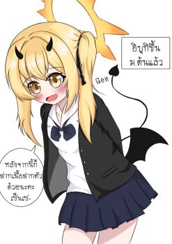 black_horns black_tail black_wings blue_archive demon_girl demon_horns demon_tail demon_wings halo hat_ornament heart heart_hat_ornament highres horns ibuki_(blue_archive) kanata_genma loli low_wings pandemonium_society_(blue_archive) school_uniform skirt tail thai_school_uniform thai_text thailand wings yellow_halo