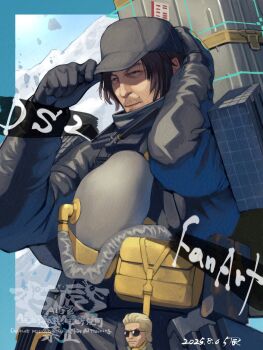 Rule 34 | 2boys, 5tatsu, baseball cap, blue bow, bow, brown hair, death stranding, death stranding 2: on the beach, facial hair, furrowed brow, gloves, grey gloves, grey hat, grey jacket, hair slicked back, hat, highres, jacket, male focus, mole, mole on cheek, mountain, multiple boys, parted bangs, sam porter bridges, short hair, stubble, sunglasses, upper body, yellow background