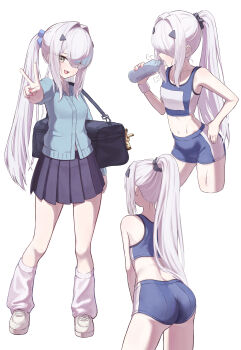 1girl absurdres ass back bare_shoulders blush breasts commentary_request fate/grand_order fate_(series) forked_eyebrows hanaet highres korean_commentary long_hair long_sleeves looking_at_viewer melusine_(fate) multiple_views navel open_mouth ponytail sidelocks small_breasts smile thighs twintails white_hair yellow_eyes