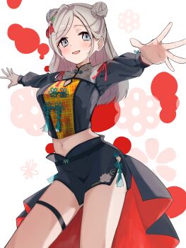 Rule 34 | 1girl, :d, absurdres, black shirt, black shorts, blue eyes, braid, breasts, bun with braided base, ceras yanagida lilienfeld, cleavage cutout, clothing cutout, commentary request, cowboy shot, double bun, flower, flower knot, grey hair, hair bun, hair flower, hair ornament, hasu no sora pop up shop china collection, highres, large breasts, link! like! love live!, llb, long sleeves, looking at viewer, love live!, midriff, navel, official alternate costume, open hands, open mouth, outstretched arms, pink flower, red background, shirt, short shorts, shorts, side slit, side slit shorts, smile, solo, spread arms, standing, tassel, tassel hair ornament, virtual youtuber