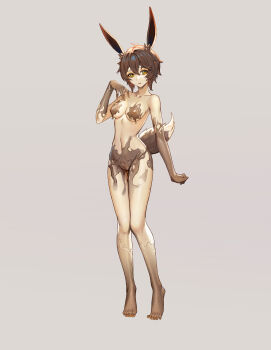 1girl absurdres animal_ears breasts brown_hair commission corruption full_body grey_background hand_on_own_chest highres large_variant_set liquid looking_at_viewer medium_breasts original pussy rabbit_ears rabbit_girl rabbit_tail shen_hai_ichigo short_hair solo standing tail variant_set yellow_eyes