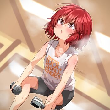 1girl :o black_shorts blush breasts collarbone dumbbell dutch_angle exercising feet_out_of_frame gojarun idolmaster idolmaster_cinderella_girls indoors murakami_tomoe red_hair shirt shorts sleeves_rolled_up small_breasts solo steam steaming_body sweatdrop twitter_username v-shaped_eyebrows weightlifting white_shirt