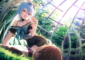 1boy 1girl animal_ears black_collar black_dress black_hairband black_skirt blue_bow blue_hair blue_sash bow brown_hair cat_ears collar collarbone detached_collar dress fang grass hair_between_eyes hair_intakes hairband lilithea long_hair lying mata_korosarete_shimatta_nodesune_tantei-sama necktie novel_illustration official_art on_back open_mouth outsuki_sakuya pink_eyes purple_necktie riichu sash skirt vest waistcoat