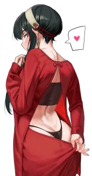 1girl absurdres ass ass_focus back backless_outfit black_hair blush butt_crack clothes_pull dress from_behind hairband heart higher_resolution_available highres long_hair looking_at_viewer looking_back nia_(nia4294) red_eyes red_sweater sidelocks skirt skirt_pull smile solo spoken_heart spy_x_family sweater sweater_dress thong whale_tail_(clothing) yor_briar